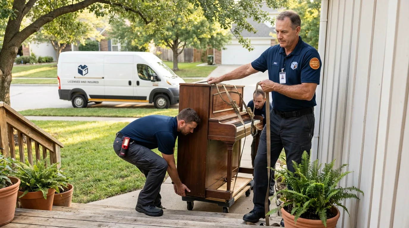 Licensed piano movers securing grand piano in Bland, VA