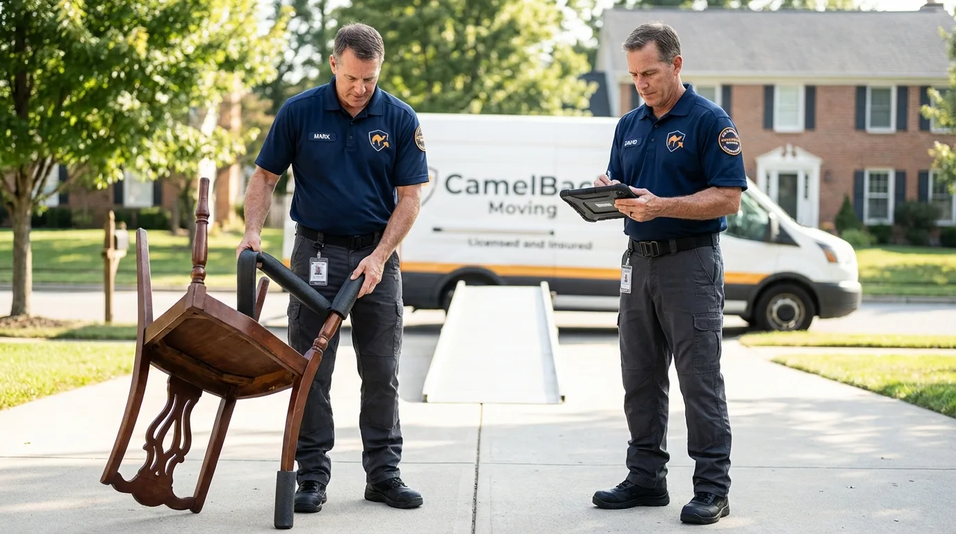 Movers inspecting furniture for damage prevention before loading in Bland, VA