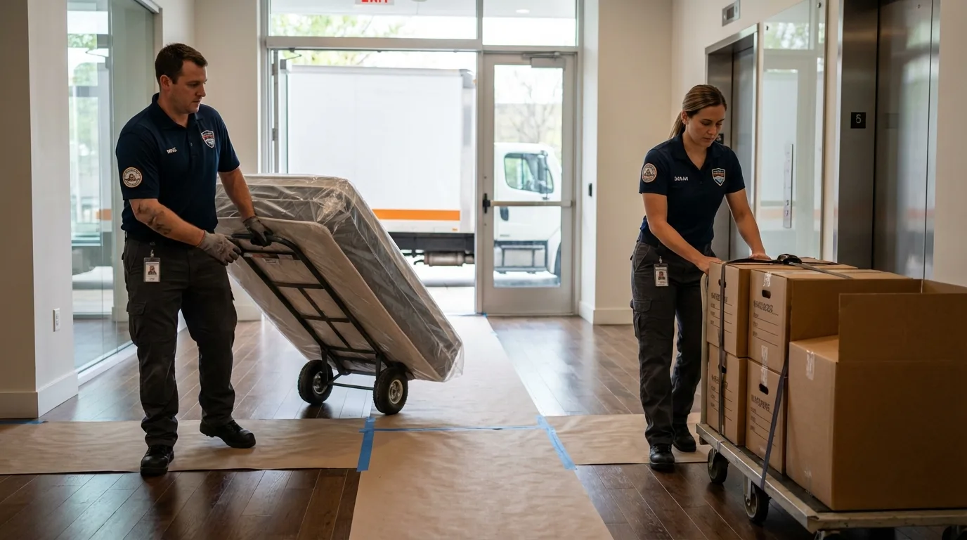 Professional apartment movers loading elevator in Bland, VA